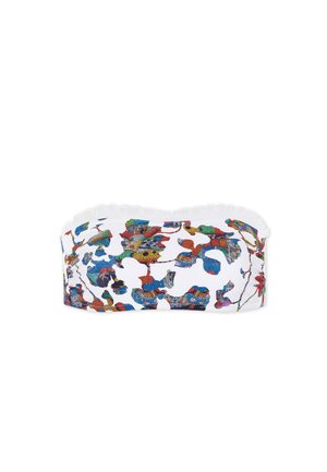 White bandeau top featuring a colorful floral pattern in blue, red, and green, with a ruffled edge. Made of stretchy fabric.