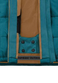 Türkisfarbene, gestepptes Outdoor-Jacke mit braunem Innenfutter. Verfügt über schwarze Druckknöpfe, Reißverschluss und ein Logo-Etikett entlang des Saums.