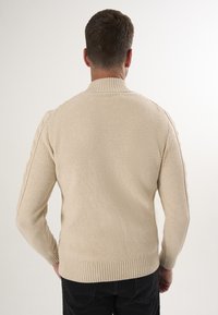 Maglione beige a maglia con un motivo testurizzato, collo e polsini a coste, forma aderente e finitura liscia, visto da dietro.