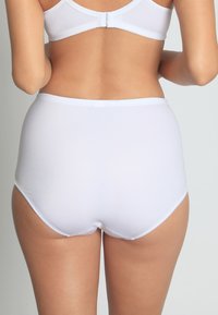 White high-waisted underwear made of smooth fabric, featuring a seamless design and soft waistband. Back view shows full coverage.