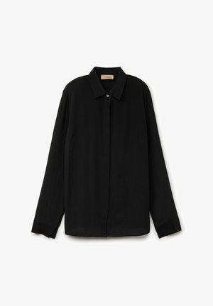 Black long-sleeve shirt with concealed front buttons and a classic collar, laid flat on a white background.