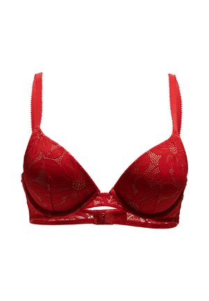 Reggiseno in pizzo rosso con motivi floreali, spalline regolabili, coppe con ferretto e chiusura a gancio sul centro anteriore.