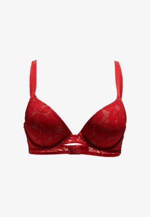 Roter Spitzentop-BH mit floralen Mustern, verstellbaren Schulterträgern, Bügel-Cups und Haken- und Ösenverschluss in der Mitte vorne.