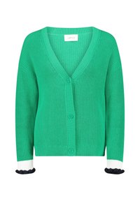 Zelený pletený kardigan s výstřihem do V, třemi předními knoflíky a bílými manžetami s černým volánkovým okrajem.