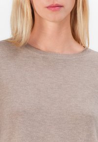 Pull en maille beige avec un col rond. Texture douce et léger étirement. Tissu lisse sans motifs ni embellissements visibles.