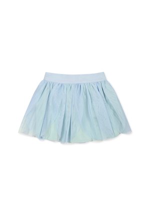 Jasnoniebieska spódnica z tiulu o warstwowej konstrukcji, z błyszczącym pasem w talii. Tkanina ma miękką teksturę i przezroczyste wykończenie.