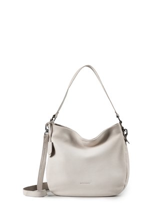 Soft beige leather shoulder bag with adjustable strap and subtle embossed brand name on front.