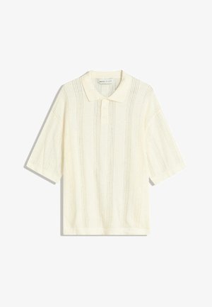Short-sleeve polo shirt with a textured, open knit pattern in light cream. Features a collar and three-button placket.
