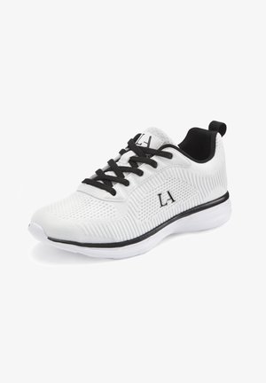 White athletic shoe with a textured knit upper, black laces, and a white sole. Features a logo on the side and a pull tab at the heel.