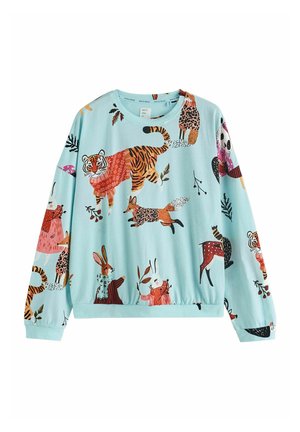 Lyseblå langærmet skjorte med farverige dyreillustrationer, herunder tiger, ræv, kaniner og hjorte iført tørklæder og trøjer.