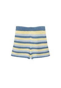 Shorts a righe blu, gialle e bianche in maglia con una vita a costine e strisce orizzontali testurizzate.