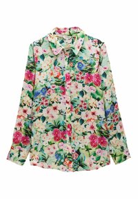 Camisa de manga larga con estampados florales vibrantes en rosa, azul y verde sobre un fondo claro, con cuello clásico y cierre de botones.