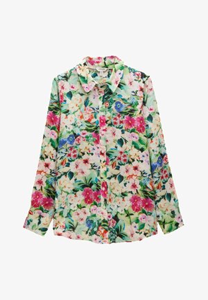 Kukallinen pitkähihainen paita, jossa on eloisan pinkkejä, sinisiä ja vihreitä kuvioita vaalealla pohjalla, klassinen kaulus ja napit edessä.