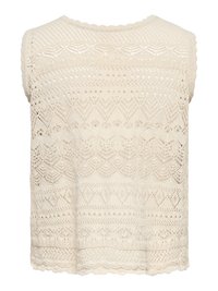 Cream-colored sleeveless knitted top with scalloped edges and intricate lace patterns in horizontal rows.