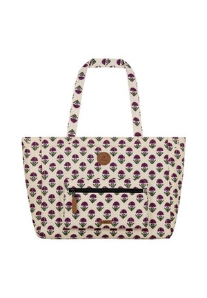 Cream tote bag with purple floral pattern, two handles, and a front zippered pocket with a brown pull tab.