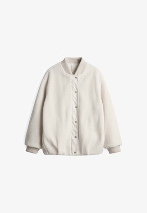 White fleece bomber jacket with a smooth fabric front, ribbed cuffs, and collar. Features snap buttons and a relaxed fit.