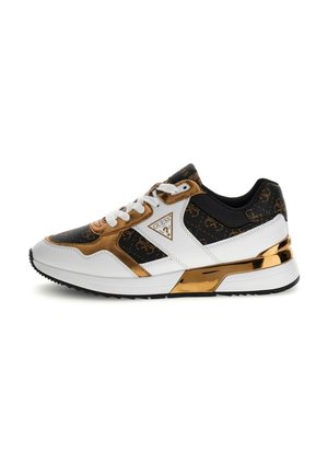 White and black sneaker with gold accents, featuring GUESS logo on side and heel, white laces, and a patterned upper section.