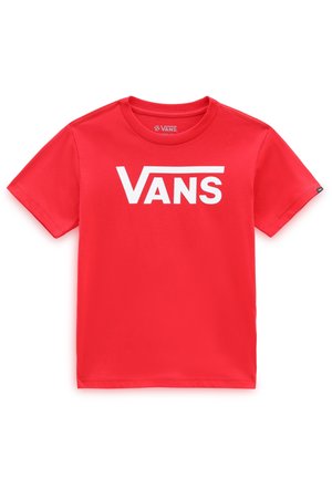 Czerwona bawełniana koszulka z dużym białym logo "VANS" z przodu. Klasyczny okrągły dekolt i krótkie rękawy, o gładkiej fakturze.