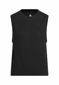 Czarny top bez rękawów z teksturowanym wzorem dzianinowym, okrągłym dekoltem i ściągaczem na dole. Prosty design, odpowiedni do warstwowego ubierania lub codziennego noszenia.