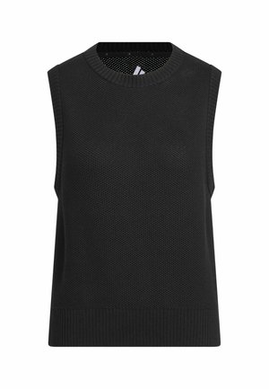 Haut noir sans manches avec un motif en tricot texturé, encolure ronde et ourlet côtelé. Design simple, adapté pour superposer ou porter au quotidien.