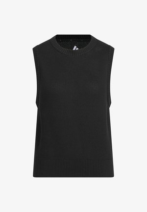 Top nero senza maniche con motivo a maglia strutturata, scollo rotondo e orlo a coste. Design semplice, adatto per stratificare o per un look casual.