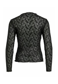 Czarny top z długim rękawem z koronki, ozdobiony kwiatowymi wzorami, z wysokim kołnierzem i dopasowanym krojem. Tkanina wydaje się misterna o miękkiej fakturze.