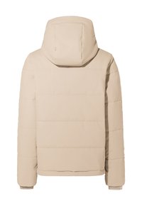Beige pufferjack met capuchon, voorzien van een doorgestikt ontwerp en geribbelde boorden. Glad textuur en minimalistische stijl zonder zichtbare hardware.