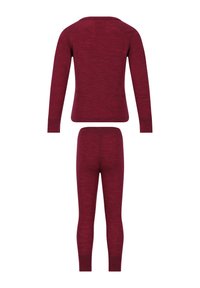 Bordeaux langærmet top og leggings sæt, lavet af blødt, struktureret materiale. Toppen har en rund halsudskæring og en tætsiddende pasform.
