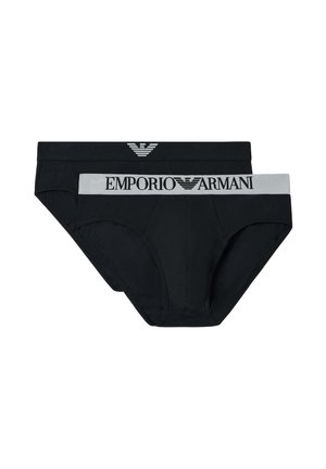 Due slip da uomo neri con elastico in vita, uno nero semplice e uno con banda bianca e logo Emporio Armani.