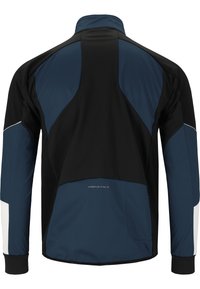 Mans idrottsjacka i svart och marinblå, med hög krage, långa ärmar, texturerad tyg och reflekterande detaljer.