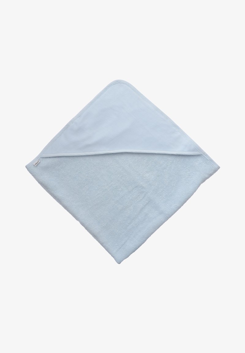Light blue, triangular towel featuring a soft, textured cotton fabric on one side and a smooth, solid surface on the other, stitched edges.