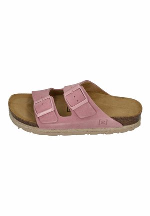 Pink suede slide sandal with two adjustable buckle straps, cork footbed, and light beige textured sole.