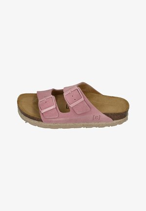 Pink suede slide sandal with two adjustable buckle straps, cork footbed, and light beige textured sole.