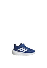 Blue fabric athletic shoe with a textured upper, white accents, and a hook-and-loop strap. Features a thick white sole for cushioning.
