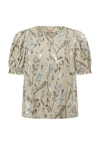 Beige Bluse mit puffierten Ärmeln, die ein botanisches Muster in Grün- und Grautönen zeigt. Glatte Textur mit Rundhalsausschnitt und Knopfdetail.