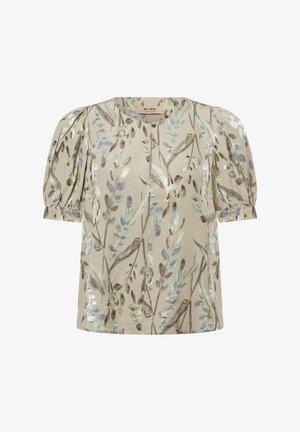 Blouse beige à manches bouffantes présentant un motif botanique dans des tons de vert et de gris. Texture lisse avec un col rond et un détail de boutons.