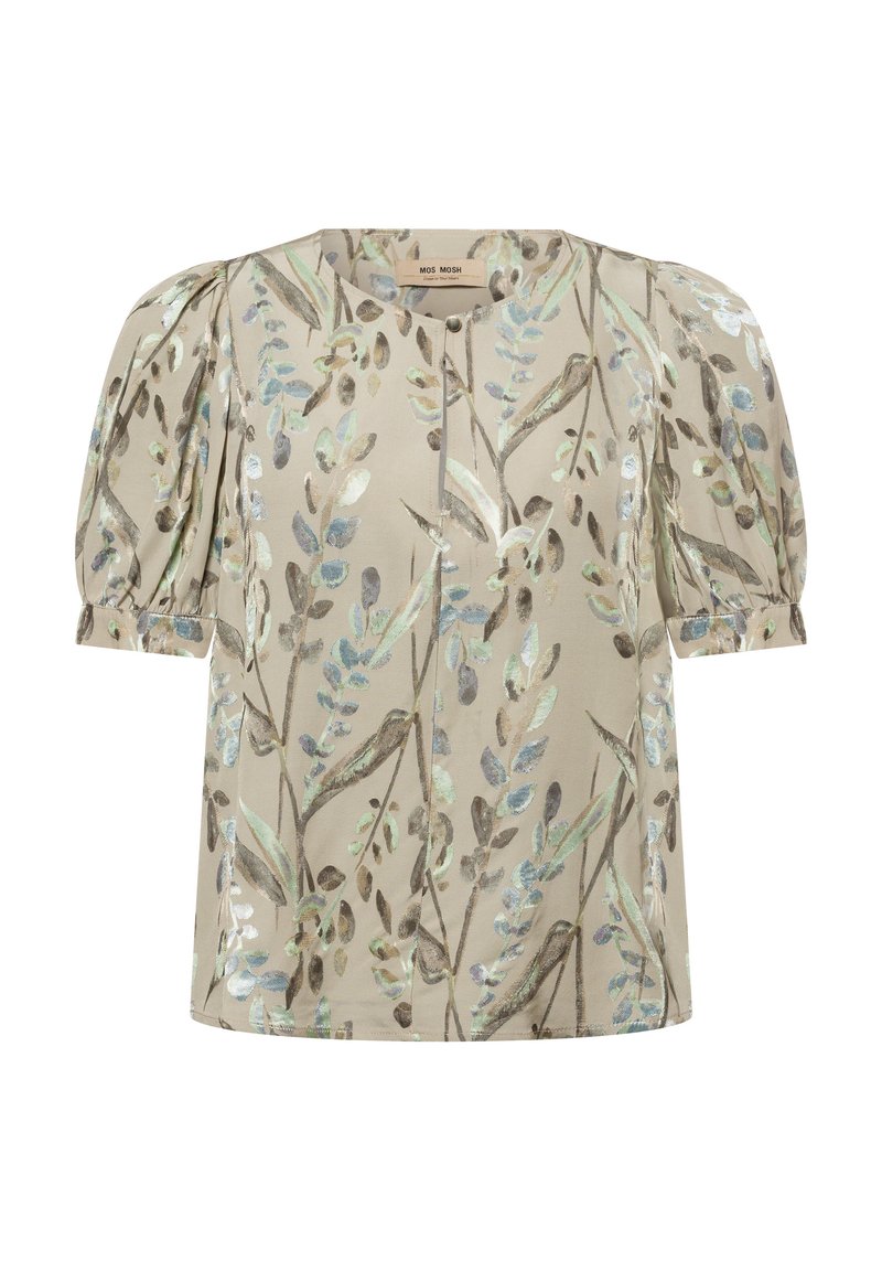 Beige Bluse mit puffierten Ärmeln, die ein botanisches Muster in Grün- und Grautönen zeigt. Glatte Textur mit Rundhalsausschnitt und Knopfdetail.