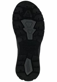 Zwarte rubberen zool met een robuust profiel dat verschillende geometrische vormen en texturen bevat voor grip en duurzaamheid.