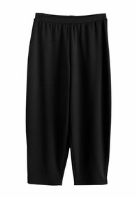 Schwarze kniehohe Hose aus elastischem Material mit breitem Bund und glatter Oberfläche. Hat eine lockere und entspannte Passform.