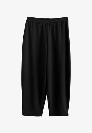 Sorte knælange bukser lavet af elastisk materiale med bred talje og glat tekstur. Har en løs og afslappet pasform.