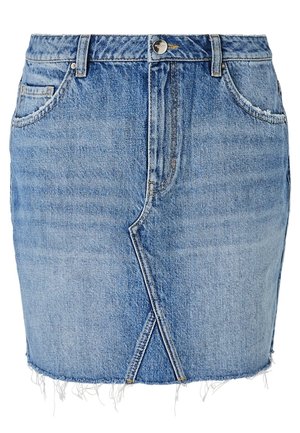 Sininen denimmiten hame, jossa etuosan päällekkäinen sauma, rispaantunut helma, vyölenkit, napillinen kiinnitys ja etutaskut.
