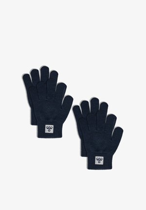 Dwie pary ciemnoniebieskich dzianinowych rękawiczek z małą kwadratową łatką z logo na nadgarstku, umieszczone na białym tle.
