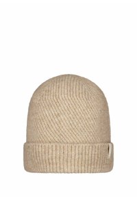 Beige knit beanie with a ribbed texture and rolled cuff. Made of soft wool material, featuring a small, discreet logo tag.