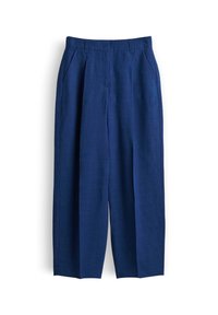 Pantalon taille haute bleu marine à jambes larges, plis sur le devant, poches latérales et passants pour ceinture, présenté à plat sur un fond blanc.