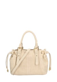 Beige suède handtas met twee korte handvatten, verstelbare schouderriem, goudkleurige hardware, ingesnoerde vorm en subtiele stikdetails.