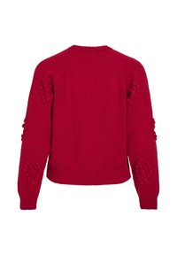 Suéter de punto rojo con acentos de bolitas texturizadas en las mangas, cuello redondo y dobladillo acanalado. Diseñado para un ajuste relajado en un material suave.