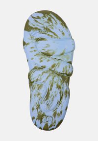 White and olive green splattered sandals with a cross-strap design. Made of flexible material. Featured size of 42. Lightweight and textured sole.