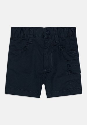 Pantaloni corti blu navy in cotone, con vita elasticizzata, due tasche frontali e una tasca cargo laterale con dettagli in cucitura.