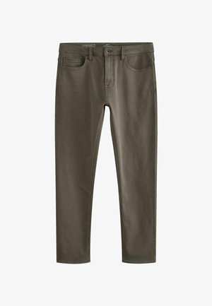 Slim fit, olívazöld farmernadrág öt zsebbel, cipzáras résszel és puha textúrával. Jellemzője a varrás és a márkázott derékpánt címke.