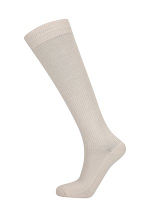 Beige knæstrømpe med ribbet struktur fra tå til kant, vist på en fodform mod en hvid baggrund.